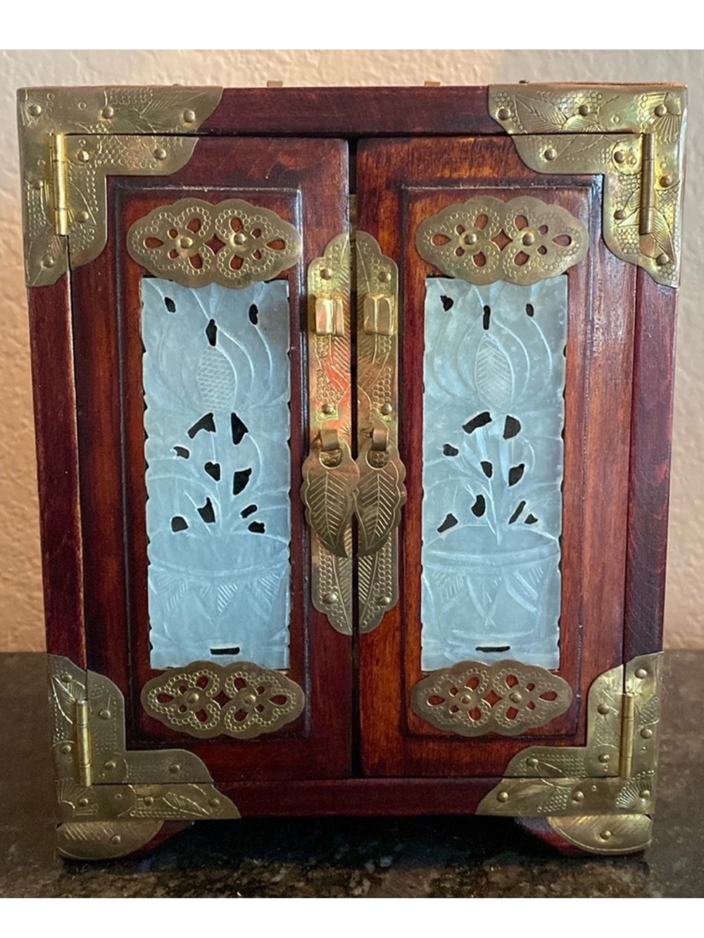 Antique Chinese Rosewood Jade Inlay Brass Hardware Wooden Jewelry Box